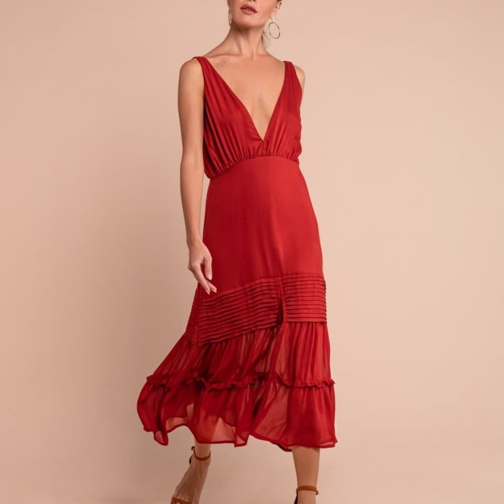 NWT - Red BoHo Deep V-Neck Midi Dress - Aura the Label